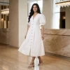 Luxever Women's Solid Cotton Puff Sleeve Midi Dress