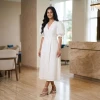 Luxever Women's Solid Cotton Puff Sleeve Midi Dress