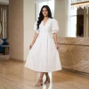 Luxever Women's Solid Cotton Puff Sleeve Midi Dress