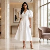 Luxever Women's Solid Cotton Puff Sleeve Midi Dress