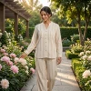 Luxever Beige Striped Button-Down Co-ord Set for Women
