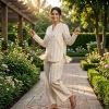 Luxever Beige Striped Button-Down Co-ord Set for Women