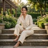 Luxever Beige Striped Button-Down Co-ord Set for Women