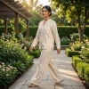 Luxever Beige Striped Button-Down Co-ord Set for Women